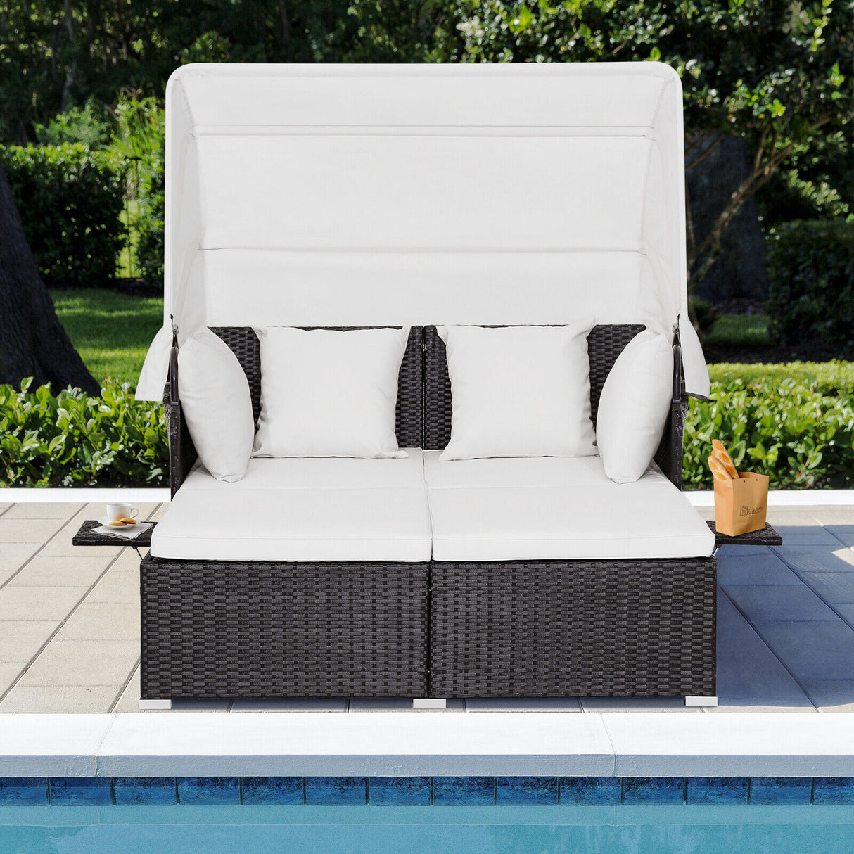 Outdoor Rattan Daybed Sunbed Wicker Furniture Retractable Canopy Patio Sofa Set