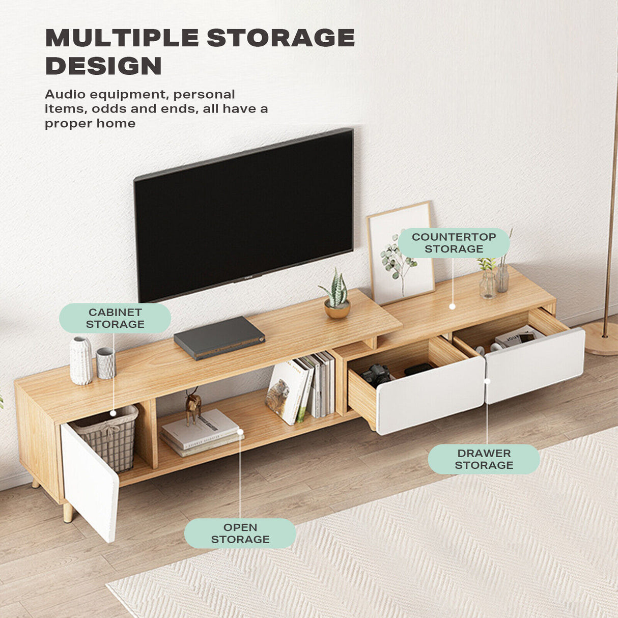 Adjustable TV Stand Entertainment Unit 120-190cm with Storage Drawer Cabinet