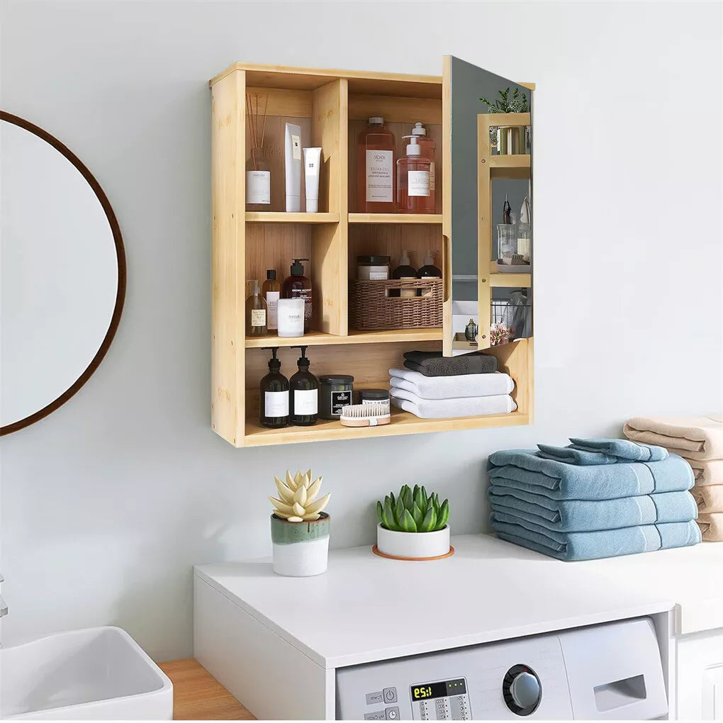 Wall Medicine Cabinet Natural Bamboo Bathroom Vanity Mirror 5 Open Storage Shelf
