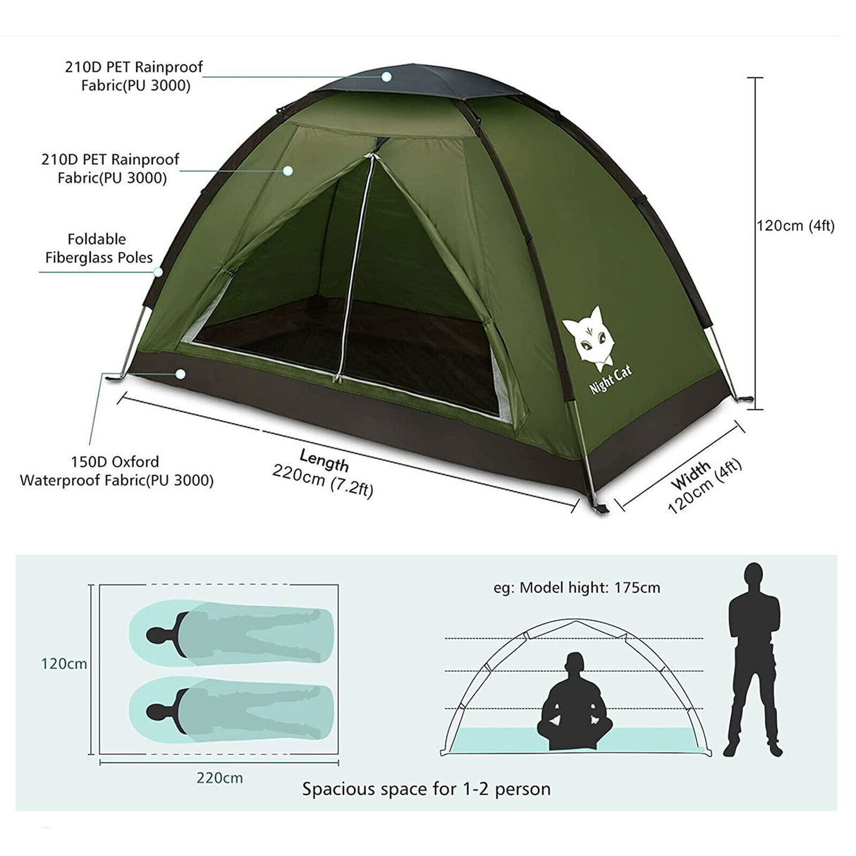 Night Cat Backpacking Tent for One 1 to 2 Persons Lightweight Waterproof Camping Hiking Tent for Adults Kids Scouts Easy Setup Single Layer 2.2x1.2m