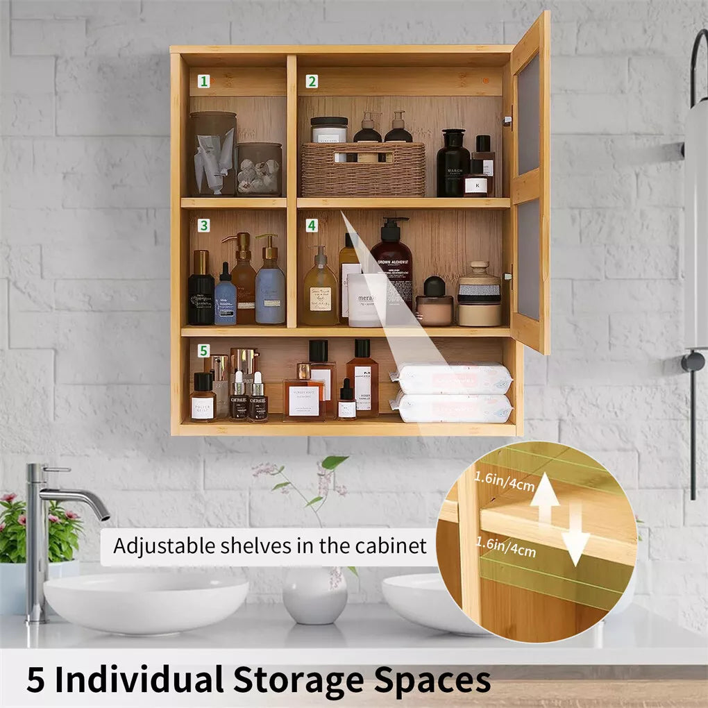 Wall Medicine Cabinet Natural Bamboo Bathroom Vanity Mirror 5 Open Storage Shelf