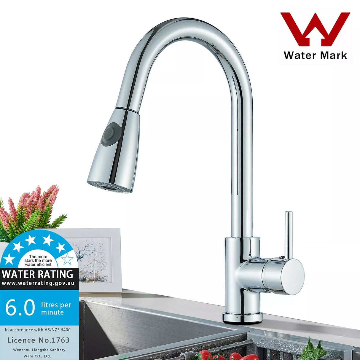Chrome WELS Kitchen Mixer Tap 360° Pull Out 2-Mode Spray Laundry Sink Faucet