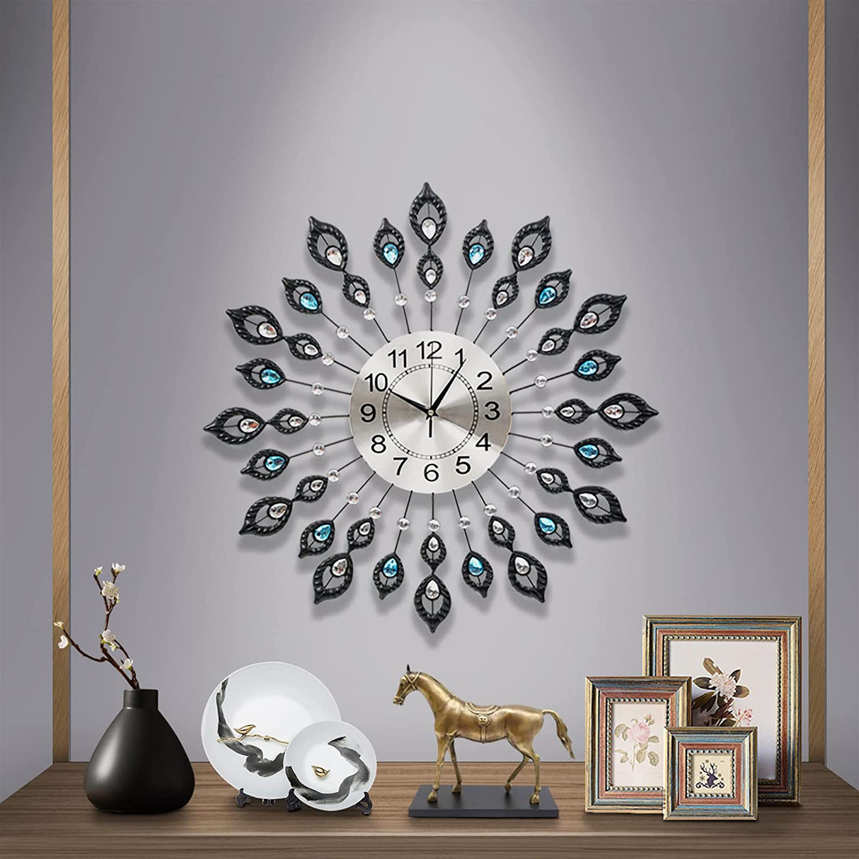 Peacock Wall Clock Large 3D Modern Crystal Luxury round Clocks Home Decor 60Cm