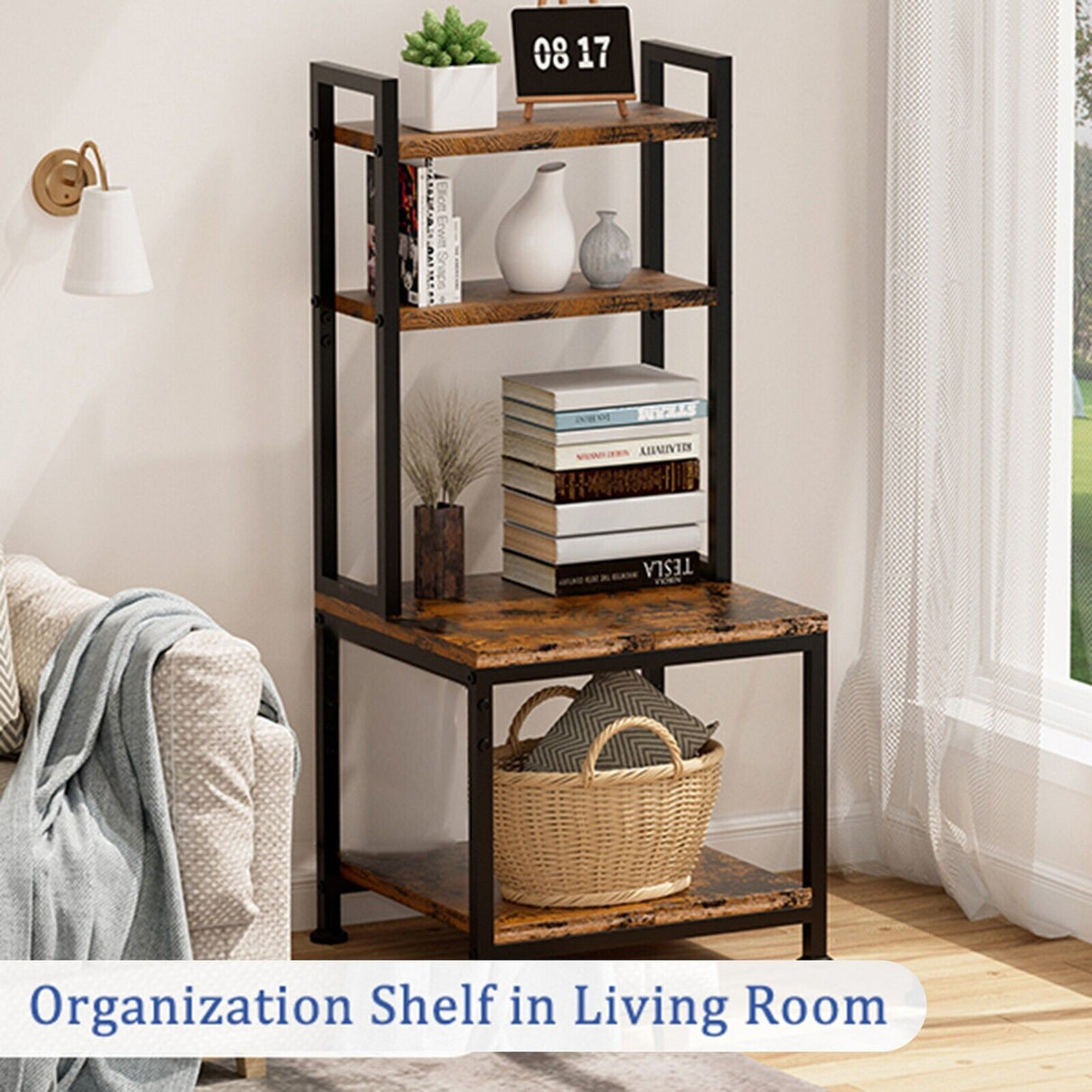 4 Tier Wooden Metal Desk Printer Stand Laptop with wheels Shelves Frame Storage