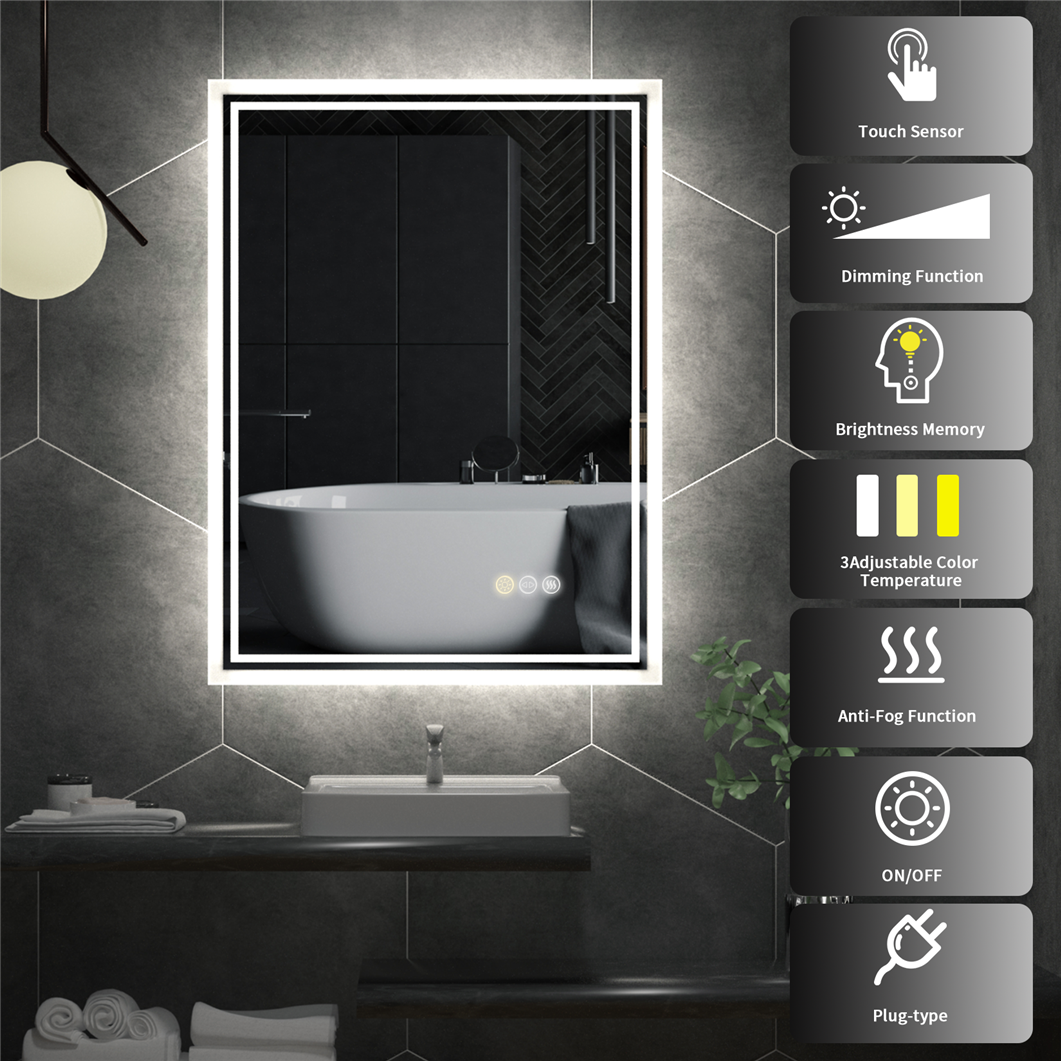 3 Colors Dimmable LED Bathroom Mirror Modern Vanity Mirrors with Lights for Wall
