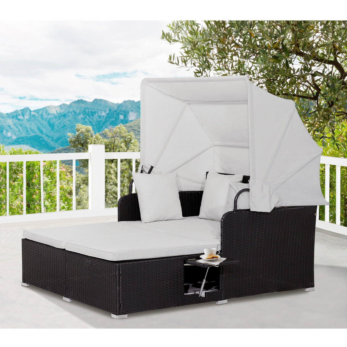 Outdoor Rattan Daybed Sunbed Wicker Furniture Retractable Canopy Patio Sofa Set