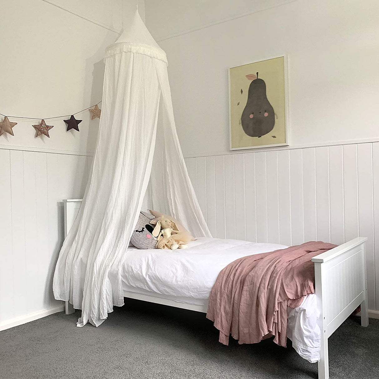 Soft White Hanging Bed Canopy with Tassels for Girls, Boys, Kids Rooms, Beds or Cribs. Nursery Decoration, Sheer Drapes for Child, Play, Reading or Hideaway Princess Tent