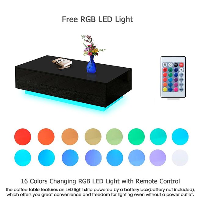 Modern LED Coffee Table Storage High Gloss Living Room Furniture 4 Drawers Black