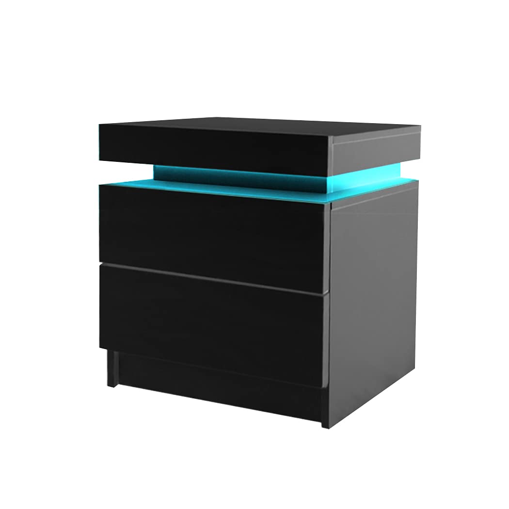 Bedside Tables Side Table 2 Drawers RGB LED High Gloss Nightstand Cabinet