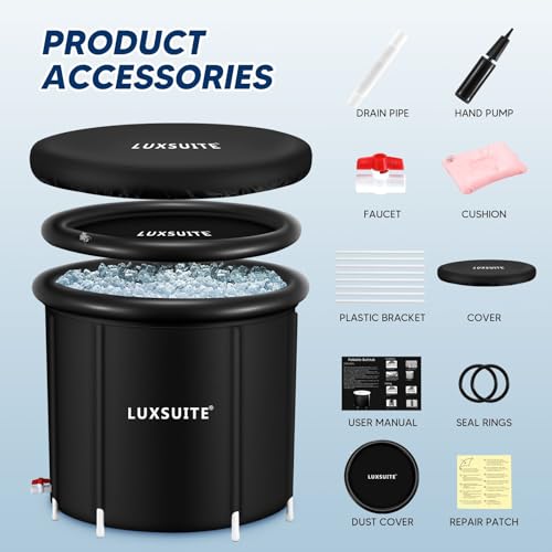 Portable Ice Bath Tub 300L Inflatable Hot Bathtub SPA Massage Athletes Cold Water Therapy Adult Soaking Folding Outdoor Plunge Large Black 80x71cm