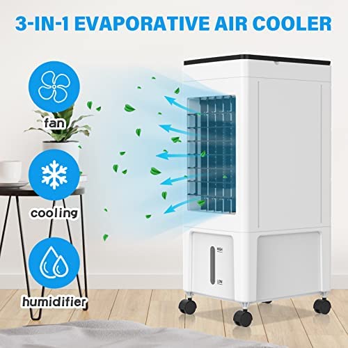 8L Evaporative Air Cooler, 3 in1 Portable Air Cooler Air Conditioner Fan 3 Speeds, w/Remote & 4 Ice Box, White
