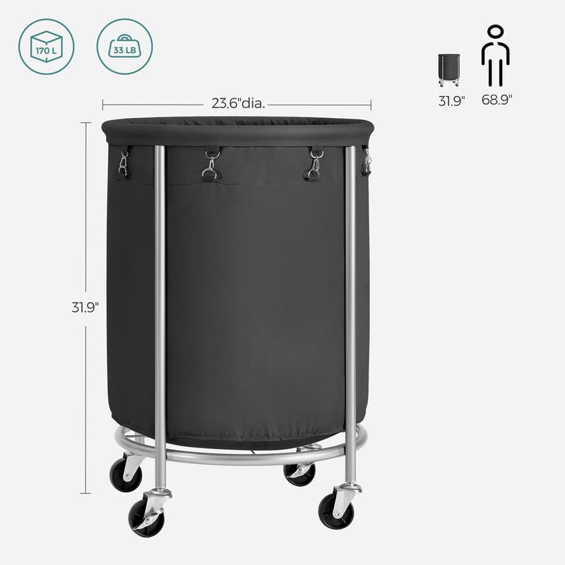 Laundry Basket with Wheels, Rolling Laundry Hamper, Round Laundry Cart with Steel Frame and Removable Bag, 4 Casters and 2 Brakes, Black and Silver URLS001B01