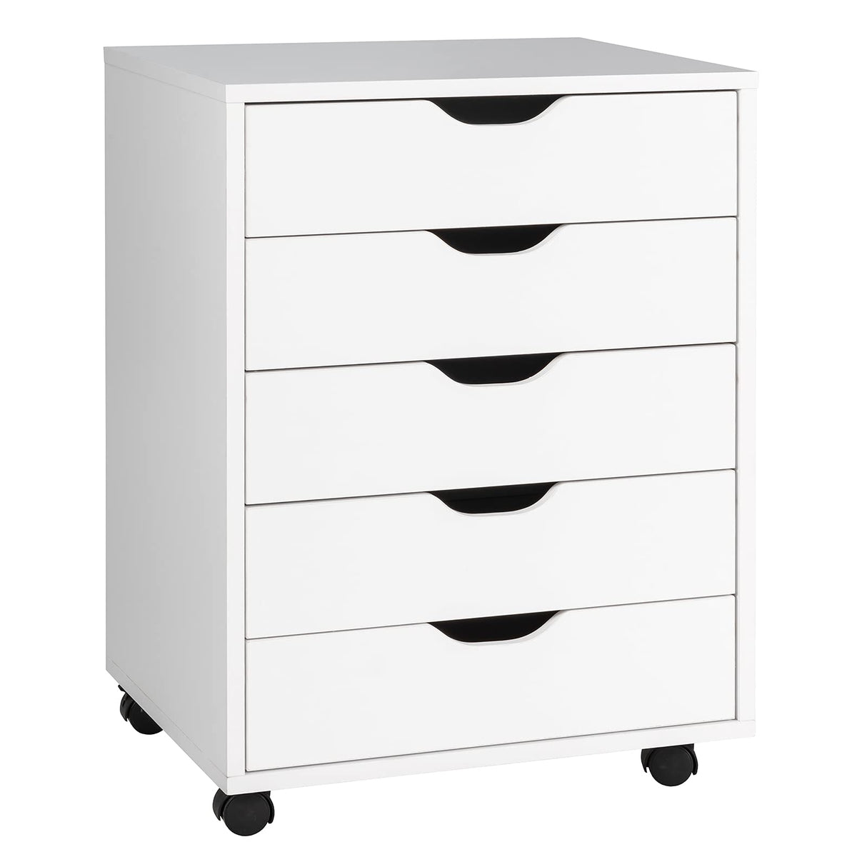 5-Drawer File Cabinet, Side Cabinet File Pedestal w/ 4 Castors, Wood Under Desk Drawer, Storage Cabinet Organiser, Compact Chest of Drawers Dresser, Mobile File Cabinets for Home Office, White
