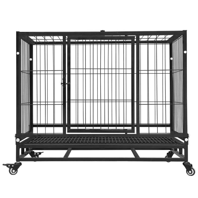 38" Dog Cage with Wheels and Removable PVC Plastic Tray, Portable Sturdy Kennel House with 2 Door and Metal Frame