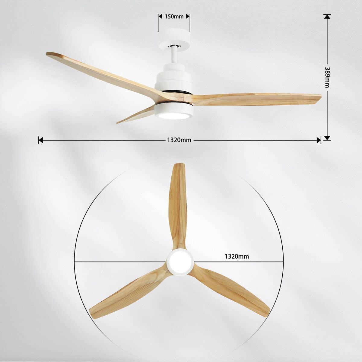 Wood Ceiling Fan Light Cooling With Remote Control LED Quiet Bedroom Living Room Modern 3 Blades 5 Speed Reverse Motor 3 Timers 52 Inch Nature Colour