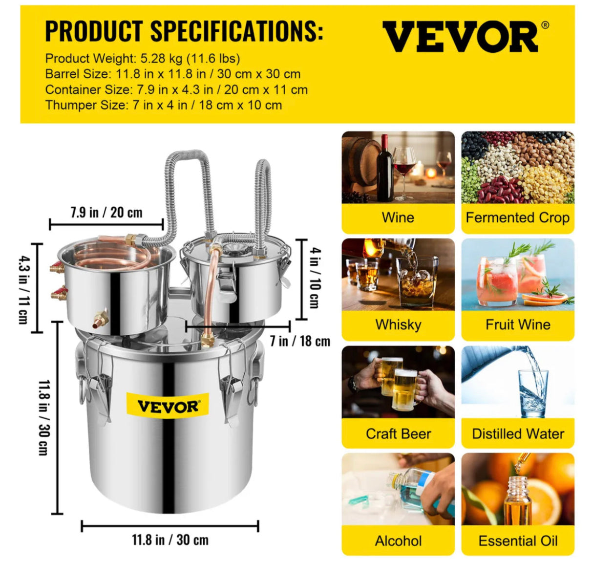 3 Pots 5Gal 19L Alcohol Distiller Copper Alcohol Still Boiler Spirits Brew Kit