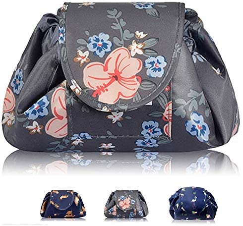 Portable Lazy Drawstring Makeup Bag Travel Cosmetic Bag Pouch Toiletry Organizer Waterproof Large for Women and Girls (Flower)