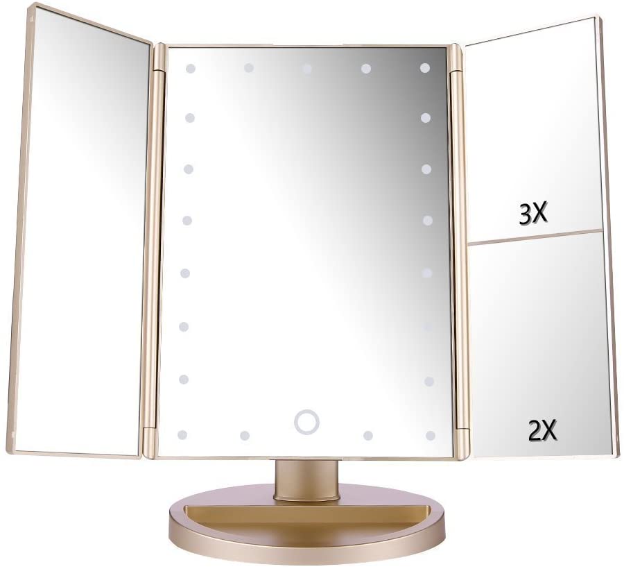 Tri-Fold Lighted Vanity Makeup Mirror with 21 LED Lights, Touch Screen and 3X/2X/1X Magnification Mirror, Two Power Supply Mode Tabletop Makeup Mirror, Travel Cosmetic Mirror (Gold)