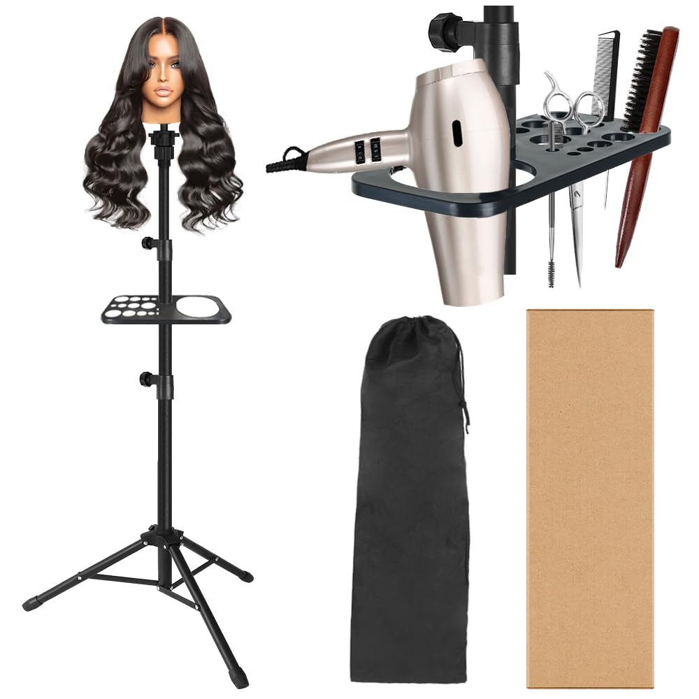 55 Inch Heavy Duty Wig Stand Tripod with Tray Adjustable Mannequin Head Stand Stainless Steel Wig Tripod Stand Wig Head Stand for Hairdressing Training (Mannequin Head Not Included)