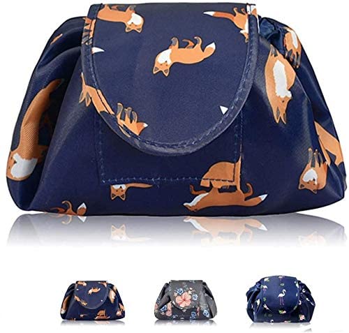Portable Lazy Drawstring Makeup Bag Travel Cosmetic Bag Pouch Toiletry Organizer Waterproof Large for Women and Girls (Gold Fox)