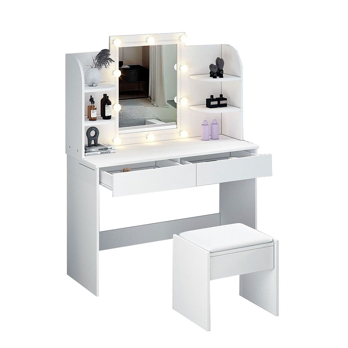Luxsuite Dressing Table Stool Set with Led Light Makeup Vanity Table 2 Drawers Storage Shelves Mirror White