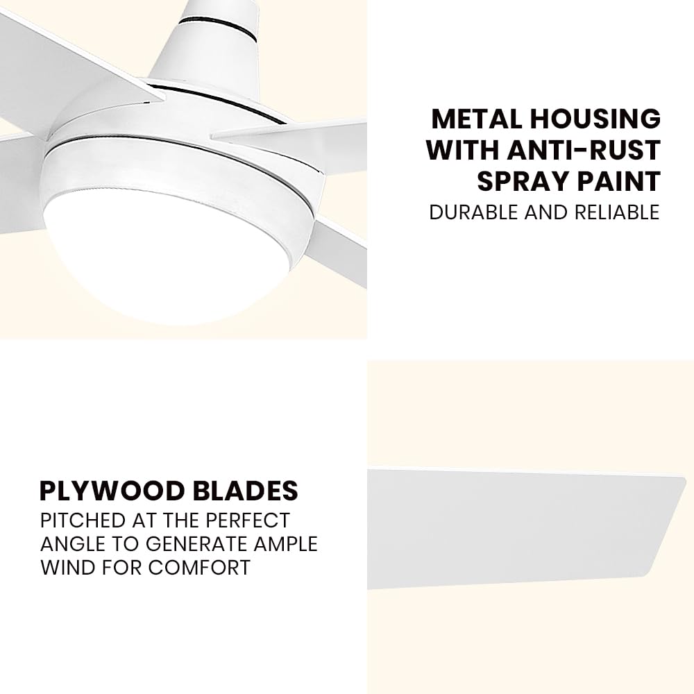 52" Ceiling Fan with Light Remote Control, Wood Ceiling Fans with 4 Blades, 6 Speed DC Motor, Indoor Outdoor Ceiling Fan for Patio, Bedroom, Living Room, Office, White