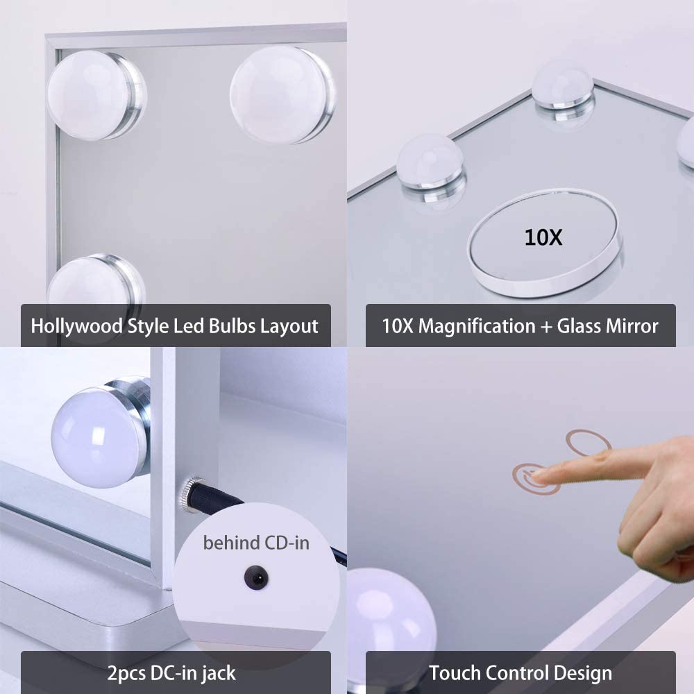 Hollywood Mirror, Large Lighted Vanity Makeup Mirror with Lights, 14pcs Led Bulbs Table top or Wall Mounted Dressing Table Beauty Mirror with A Magnetic 10x Magnifying Mirror (Silver)