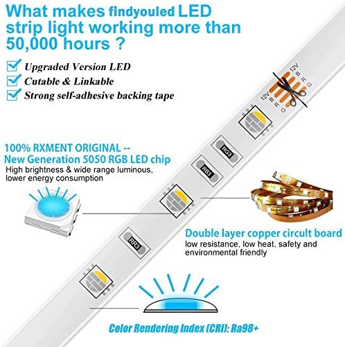 Bluetooth LED Strip Lights Music Sync, Waterproof 5m 5050 RGB 150 LEDs Light Strip with APP and Remote Control, Tape Light for Bedroom, Home and Kitchen