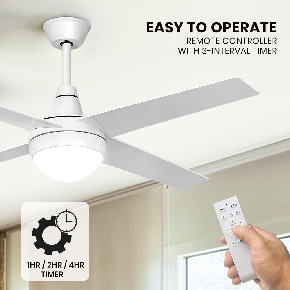 52" Ceiling Fan with Light Remote Control, Wood Ceiling Fans with 4 Blades, 6 Speed DC Motor, Indoor Outdoor Ceiling Fan for Patio, Bedroom, Living Room, Office, White