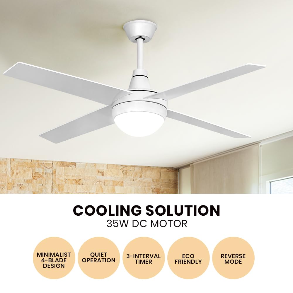 52" Ceiling Fan with Light Remote Control, Wood Ceiling Fans with 4 Blades, 6 Speed DC Motor, Indoor Outdoor Ceiling Fan for Patio, Bedroom, Living Room, Office, White