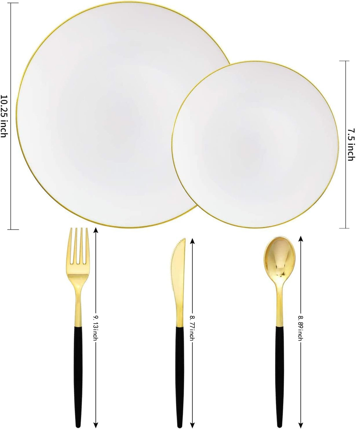 150pcs Gold Dinner Plates,Gold Silverware with Black Handle,White Plates with Gold Rim,Gold Party Plates,Gold and Black Cutlery,Suit for Wedding,Birthday,Party