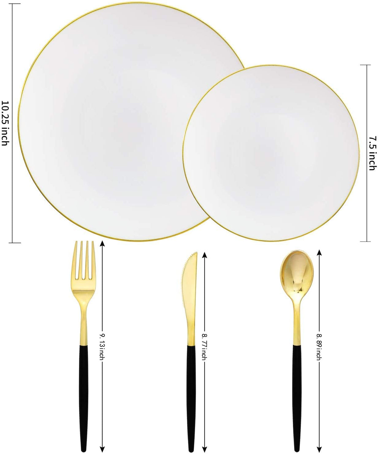 150pcs Gold Dinner Plates,Gold Silverware with Black Handle,White Plates with Gold Rim,Gold Party Plates,Gold and Black Cutlery,Suit for Wedding,Birthday,Party