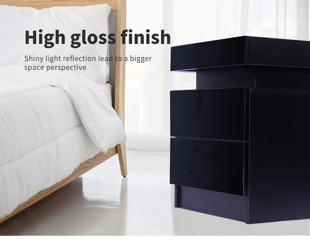 Bedside Tables Side Table 2 Drawers RGB LED High Gloss Nightstand Cabinet