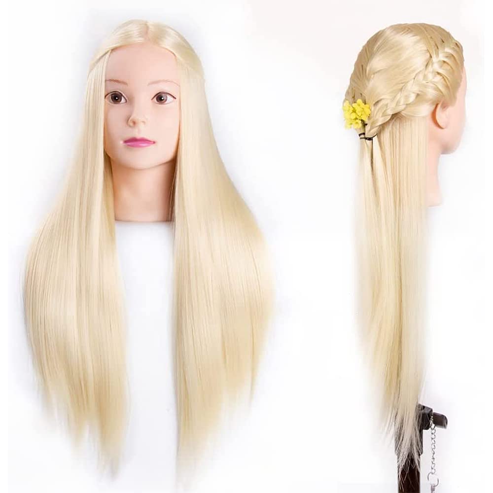 26"-28" Mannequin Head Hair Styling Training Head Manikin Cosmetology Doll Head Synthetic Fiber Hair and Free Clamp Holder (Blonde)