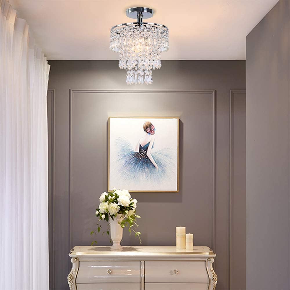 Mini Crystal Chandelier Ceiling Light Fitting Hallway Lights Ceiling Light 3 Tiers Crystal Raindrop Chandelier for Bedroom Living Room Dining Room (Chrome)