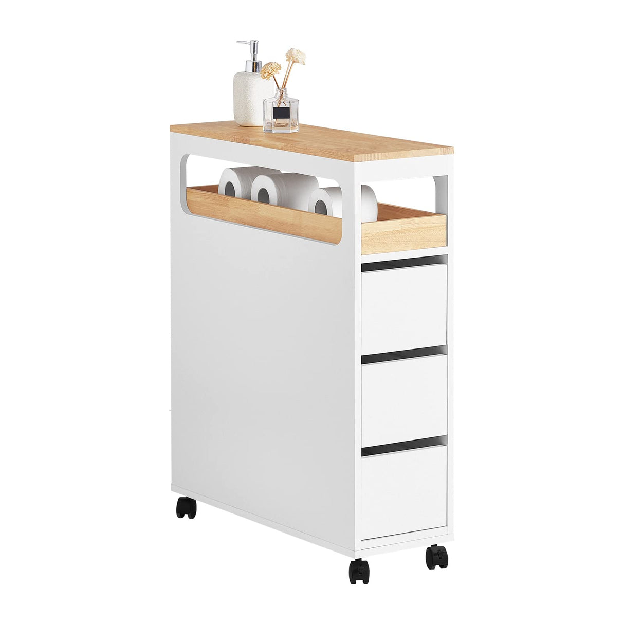Storage Cart Narrow Cabinet on Wheels Storage Cabinet with 1 Removable Tray and 3 Drawers