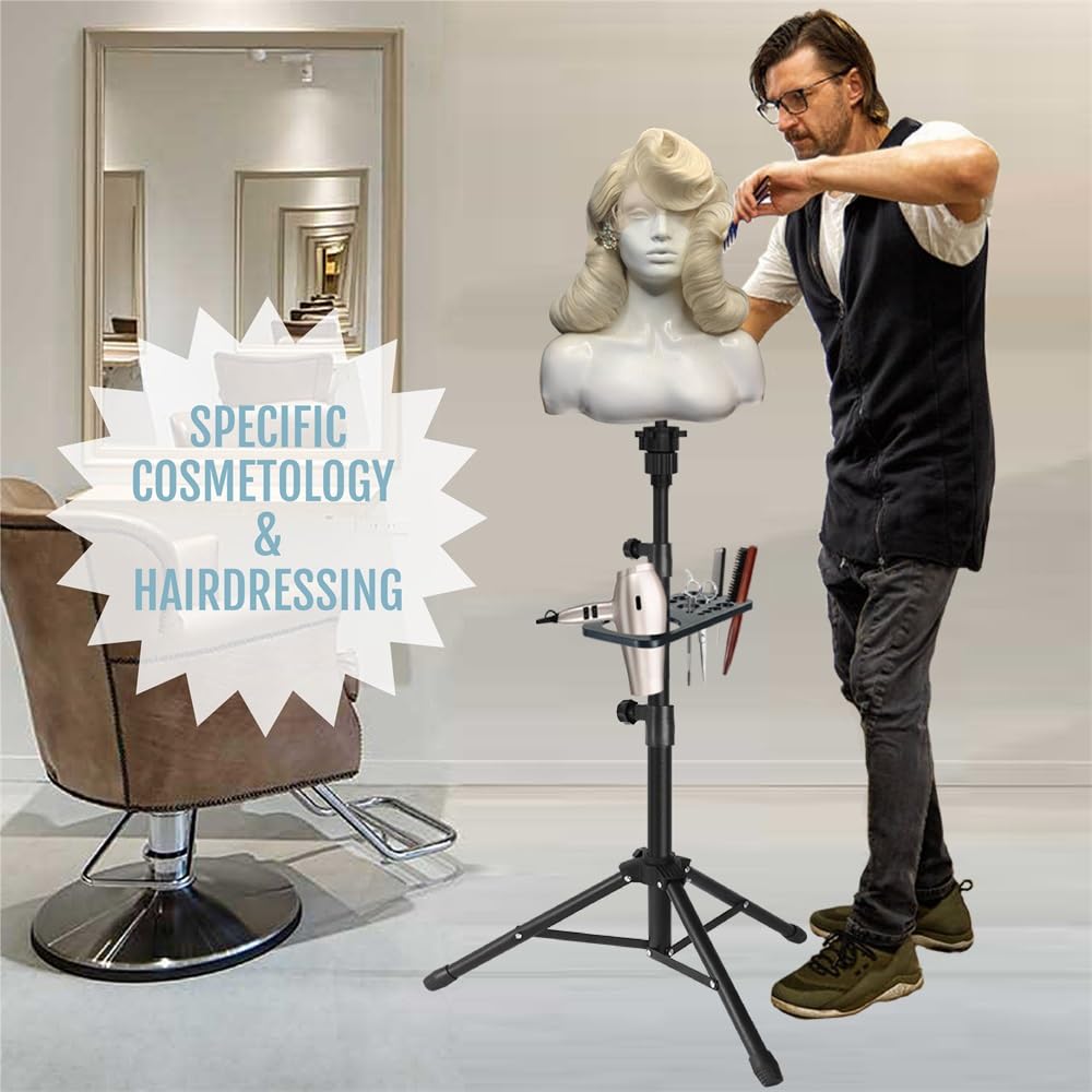 55 Inch Heavy Duty Wig Stand Tripod with Tray Adjustable Mannequin Head Stand Stainless Steel Wig Tripod Stand Wig Head Stand for Hairdressing Training (Mannequin Head Not Included)