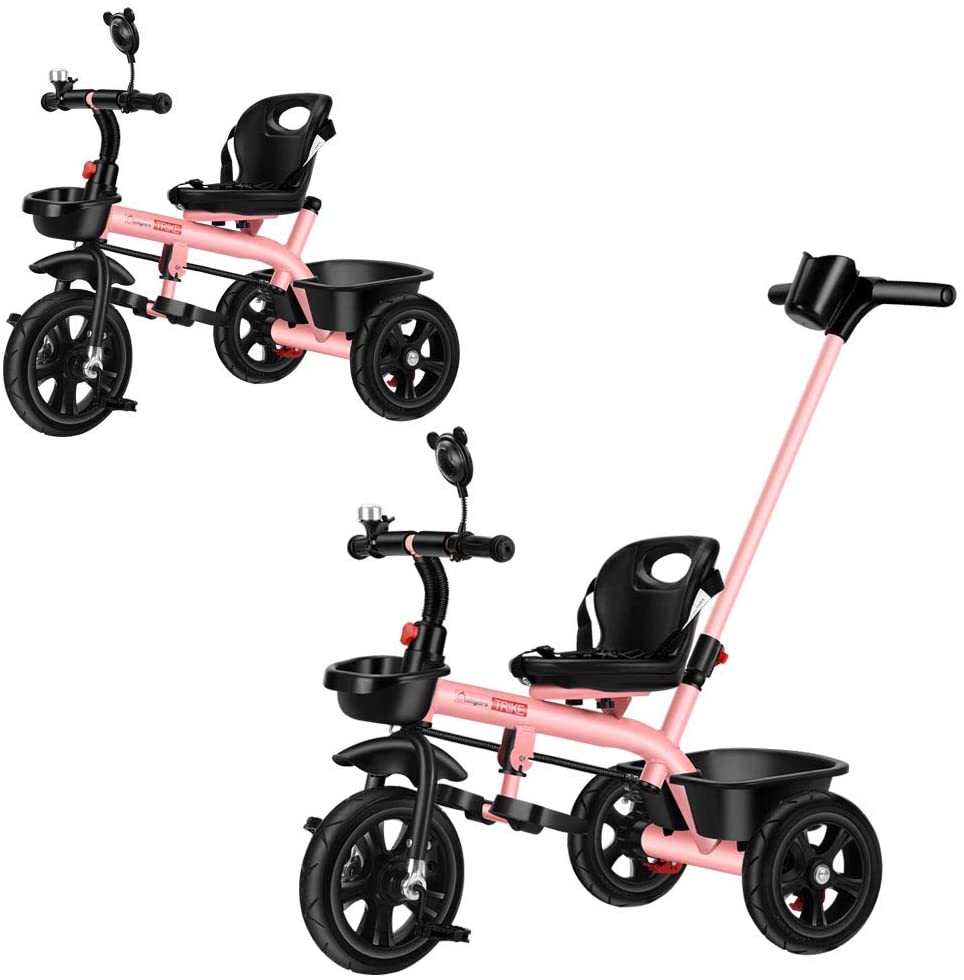 Pink Push Along Tricycle Baby Toddler Trike Bike 3 Wheel Ride On Toy Children Infant Parent Handle Comfortable Seat Large Foldable Pedal