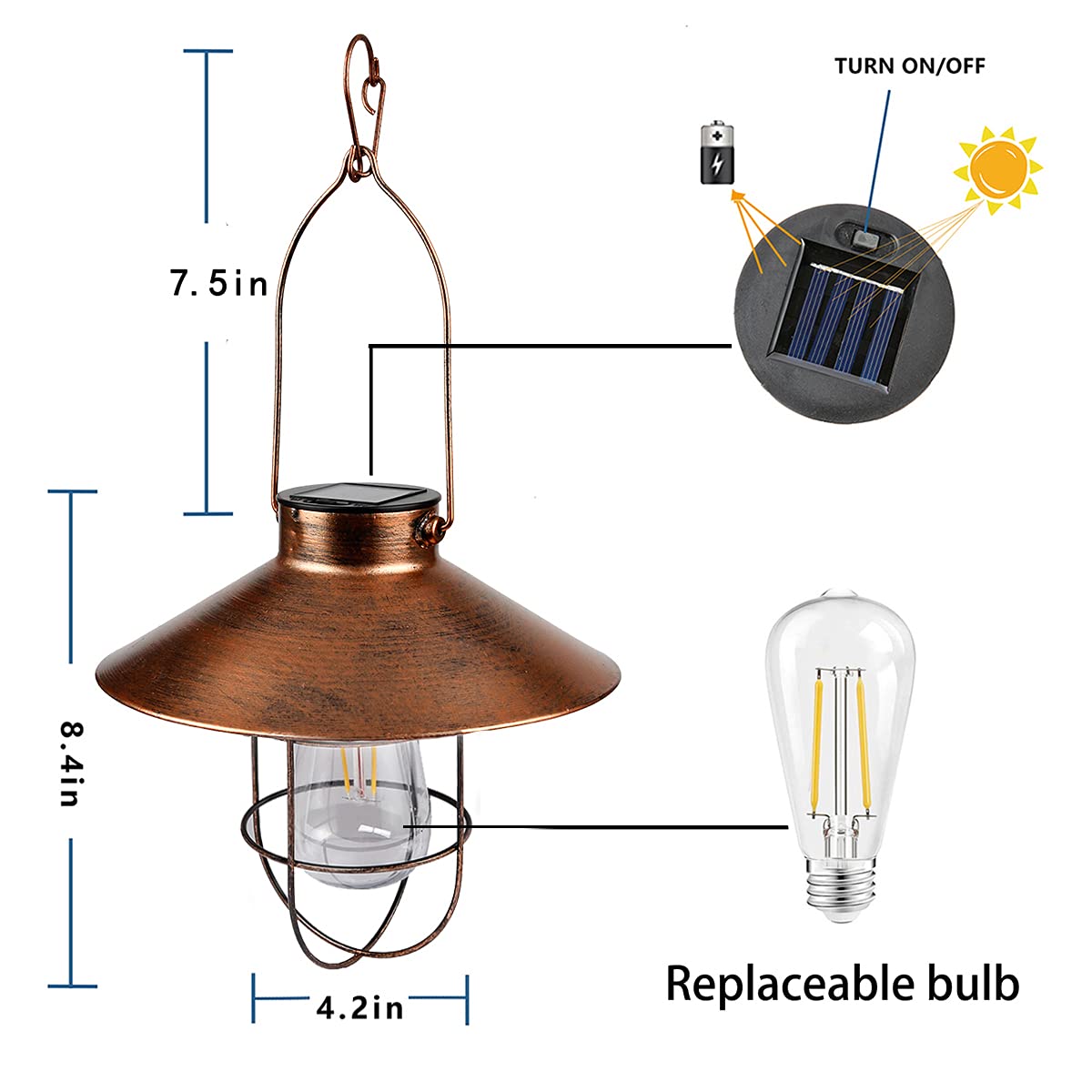 Solar Lantern Outdoor Hanging Light Metal Solar Lamp with Warm White Edison Bulb Design for Garden Yard Patio Porch Decor(Copper)