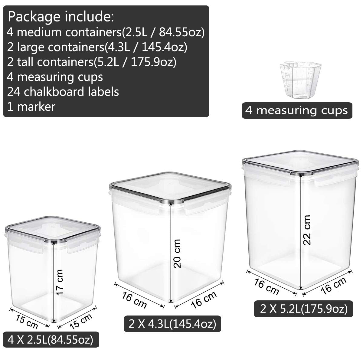 Large Food Storage Containers 8 Pieces - YORUKAU BPA Free Pantry & Kitchen Organization Containers with Black Airtight Lids - Dishwasher Safe - Sugar, Flour, Cereal Container - Plastic Storage Bins