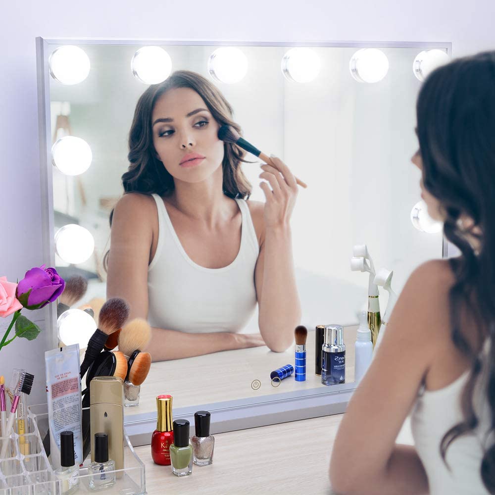 Hollywood Mirror, Large Lighted Vanity Makeup Mirror with Lights, 14pcs Led Bulbs Table top or Wall Mounted Dressing Table Beauty Mirror with A Magnetic 10x Magnifying Mirror (Silver)