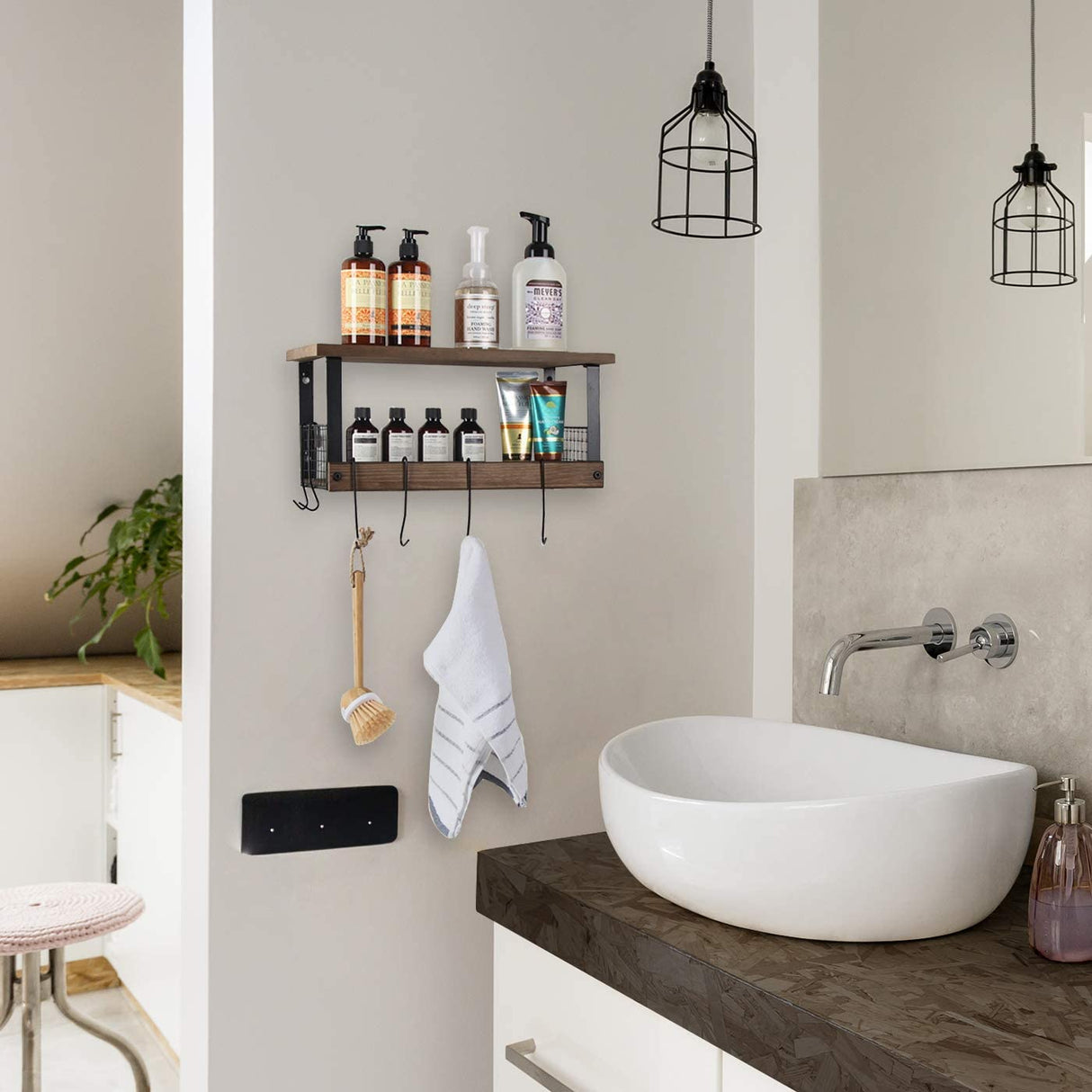 Rustic Torched Wood Kitchen Storage Shelf Wall Mount Organizer Stand with 8 Hanging Removable Hooks and 2 Shelves