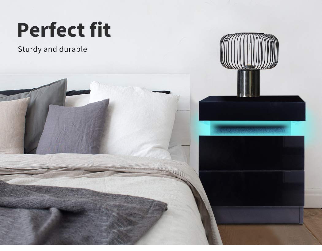 Bedside Tables Side Table 2 Drawers RGB LED High Gloss Nightstand Cabinet
