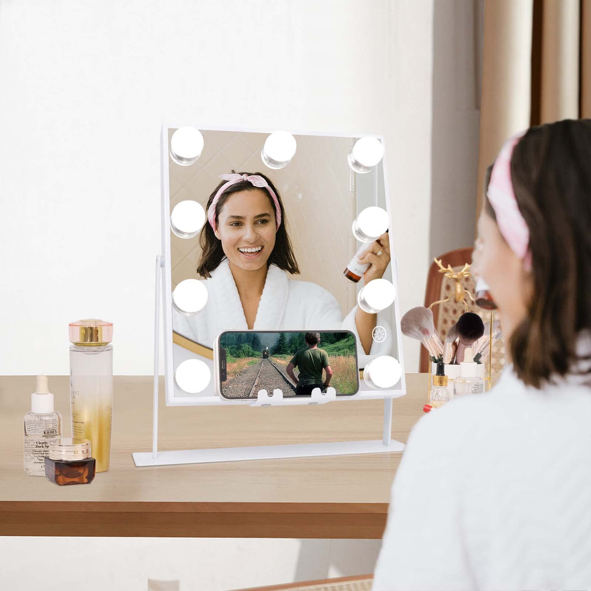 White Hollywood Vanity Mirror with Lights 9 Dimmable Bulbs Wireless Charger Bluetooth Speaker Makeup Mirror with Smart Touch Control for Glam Room Bedroom Detachable 10X Magnification