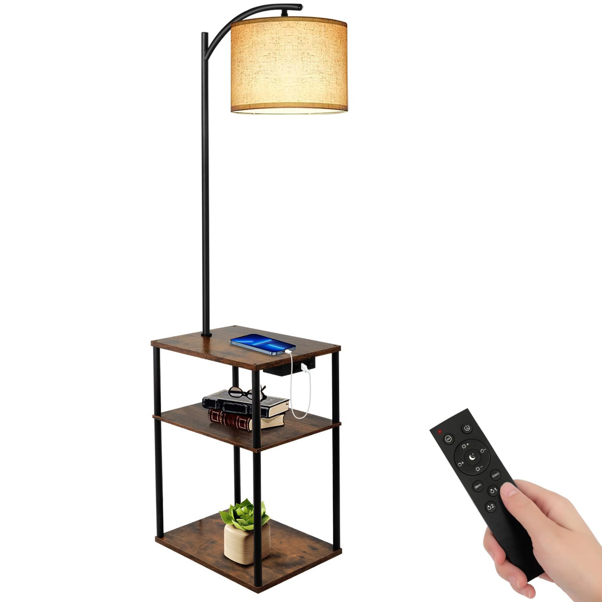 Floor Lamp with Table, Kinsdan Bedside Table with Lamp with USB Ports, 3-Color Temperature LED Bulb Included, Rustic End Table Lamp with Shelves for Bedroom, Living Room, Office