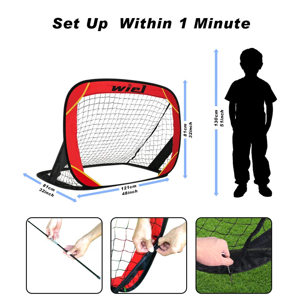 Pop Up Soccer Goals, Set of 2 Portable Kids Soccer Nets for Backyard Training and Team Game, 48x32 Inches Foldable Red/Black Goal Set with Carry Bag Includes Mesh Ball Compartment