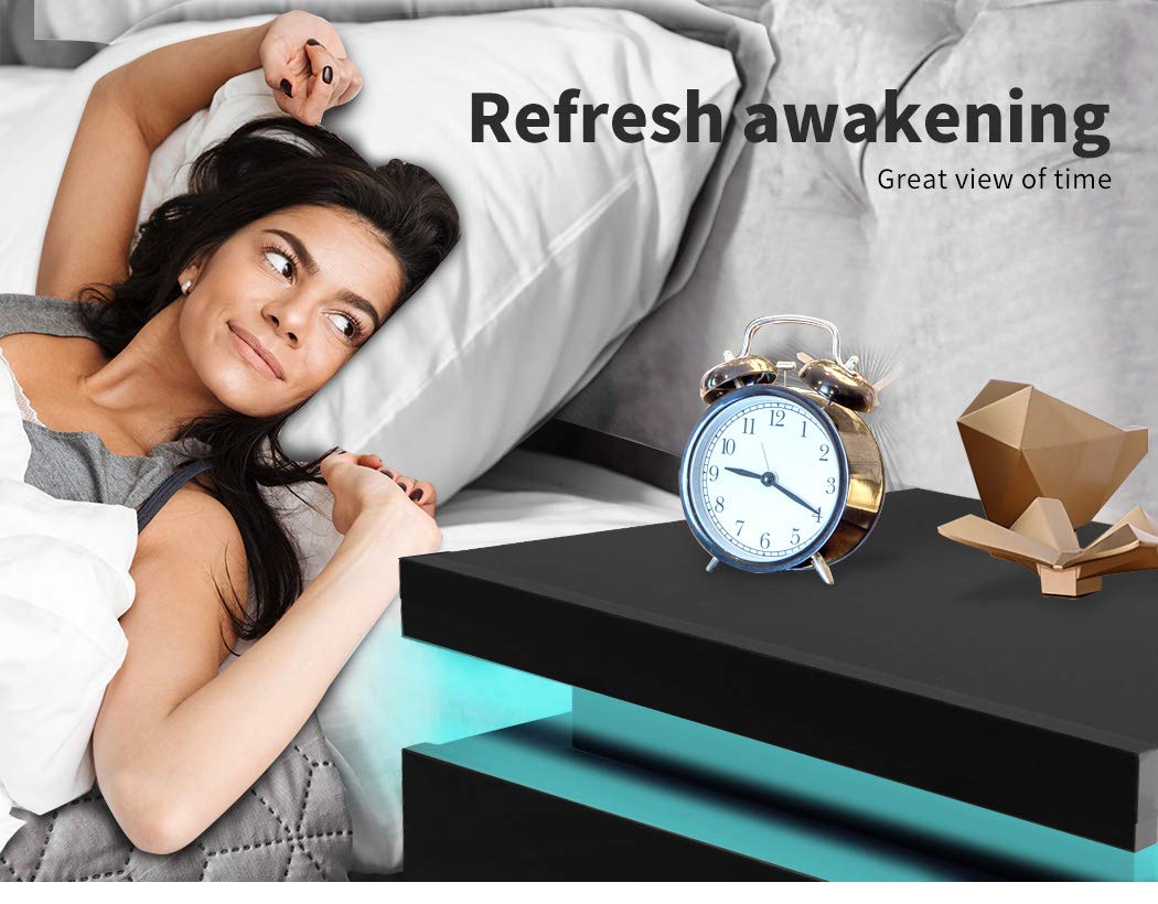 Bedside Tables Side Table 2 Drawers RGB LED High Gloss Nightstand Cabinet