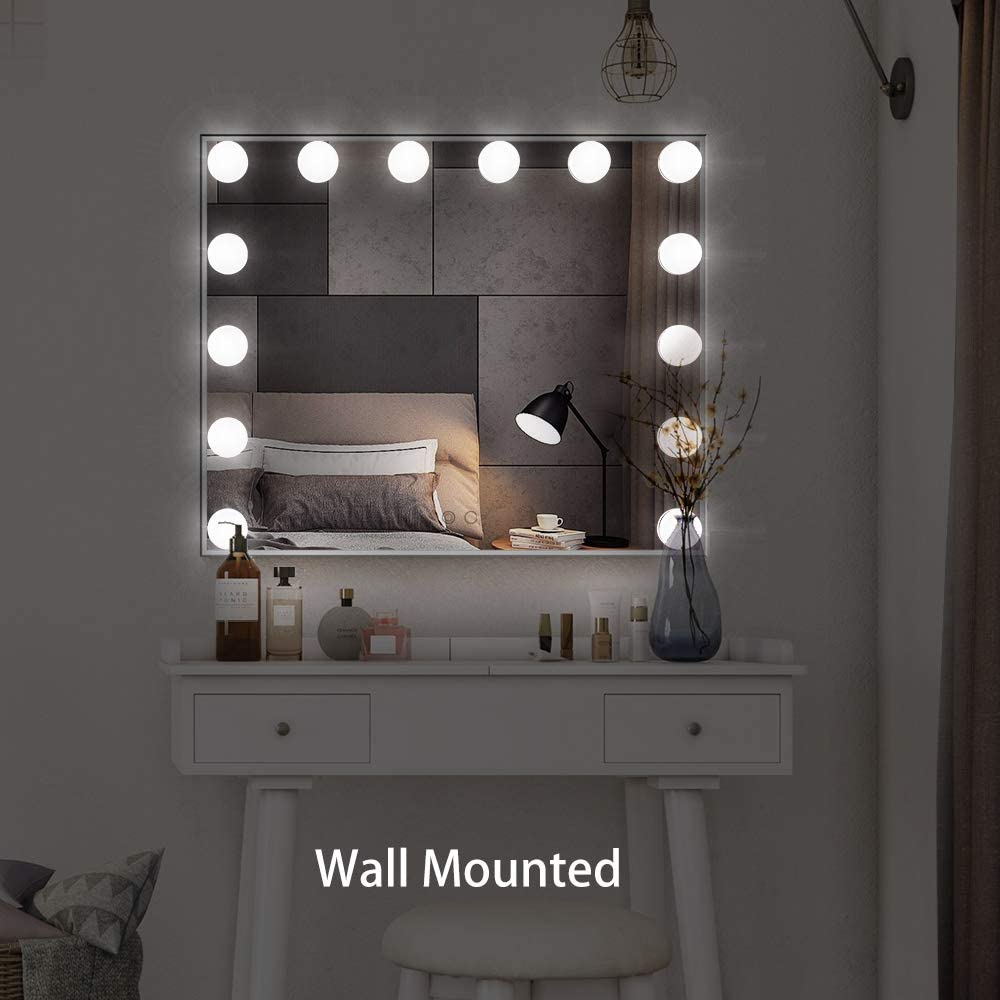 Hollywood Mirror, Large Lighted Vanity Makeup Mirror with Lights, 14pcs Led Bulbs Table top or Wall Mounted Dressing Table Beauty Mirror with A Magnetic 10x Magnifying Mirror (Silver)
