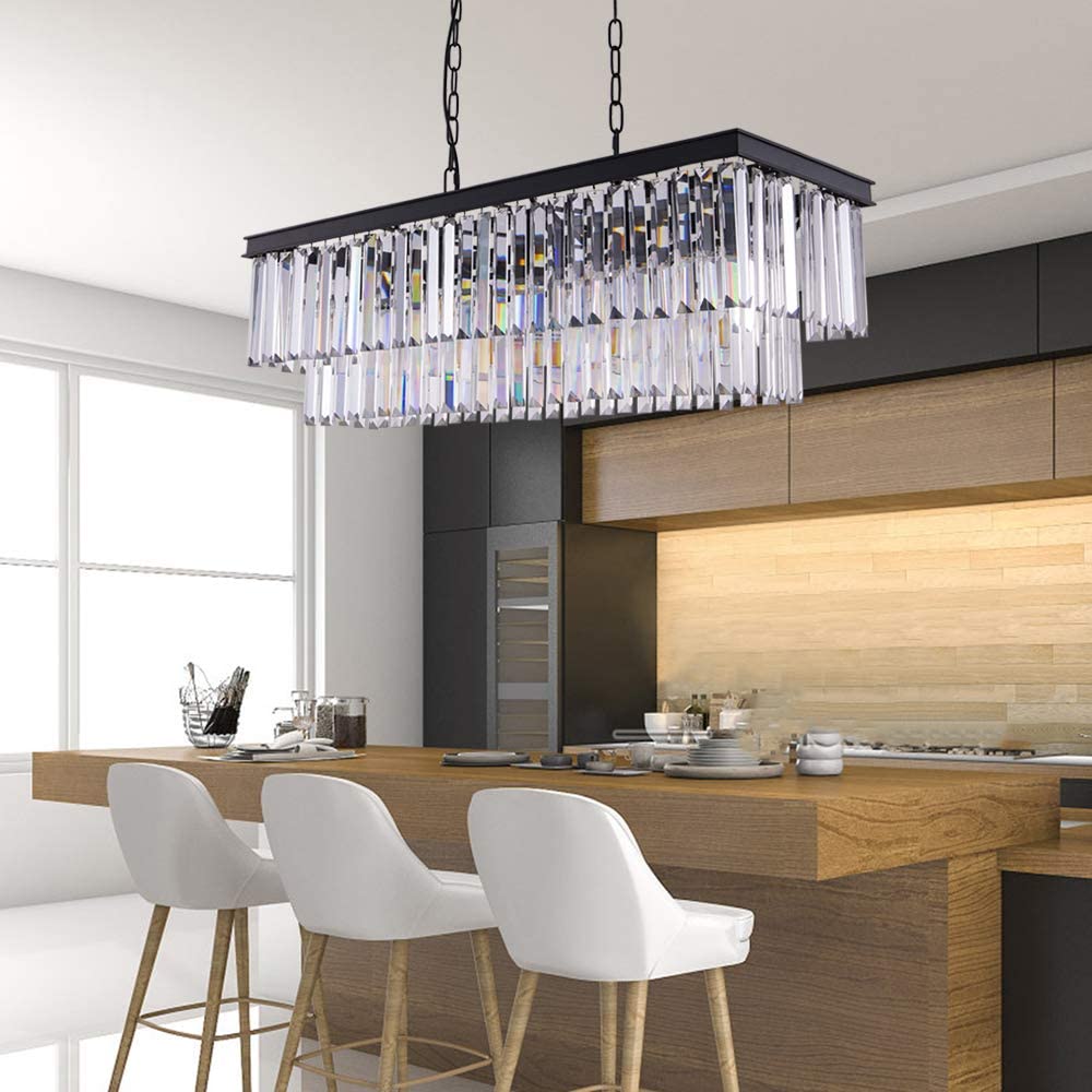 Modern Crystal Chandelier 8 Lights Black Ceiling Light L86xW35cm Luxury Crystal Pendant Lights Fixture 3 Colors Island Light Linear Chandeliers for Dining Room Living Room Kitchen Bulbs Included