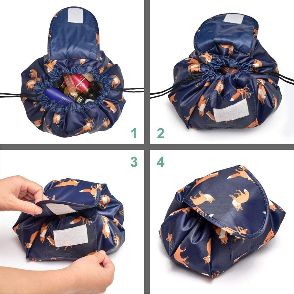 Portable Lazy Drawstring Makeup Bag Travel Cosmetic Bag Pouch Toiletry Organizer Waterproof Large for Women and Girls (Gold Fox)